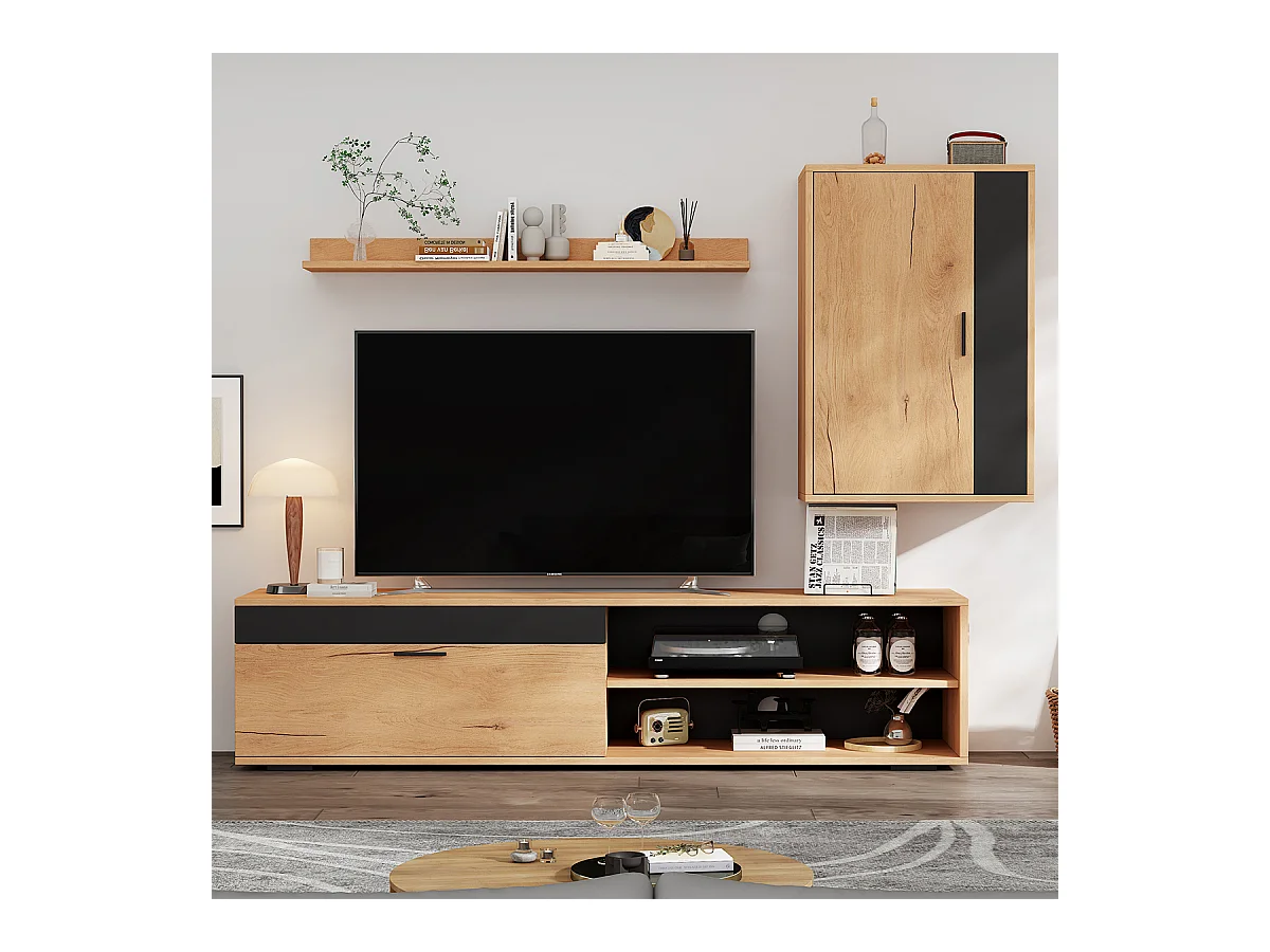 TV Wohnwand-set inkl.TV-Board Standregal und Wandregal TV Wohnzimmermöbel-Set 140*35*39cm Holzfarbe + Schwarz