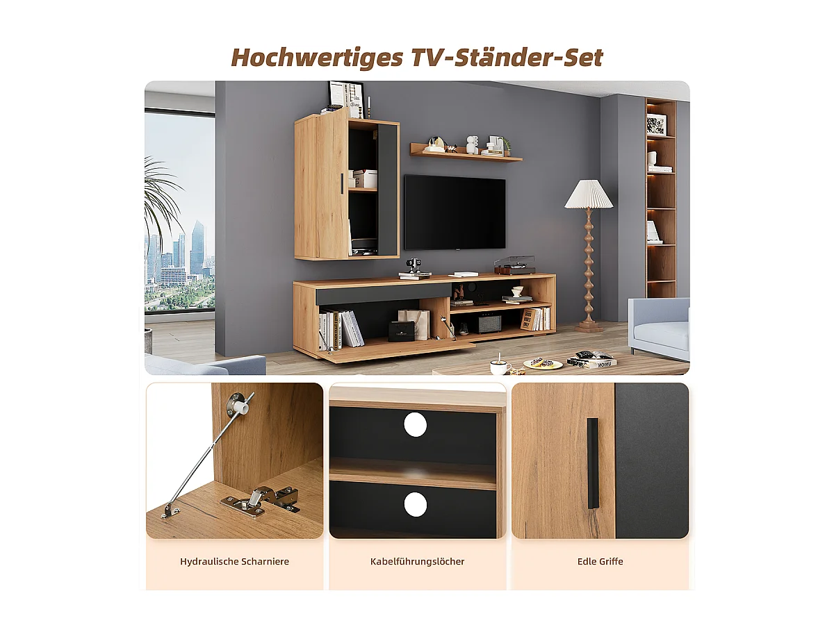 TV Wohnwand-set inkl.TV-Board Standregal und Wandregal TV Wohnzimmermöbel-Set 140*35*39cm Holzfarbe + Schwarz