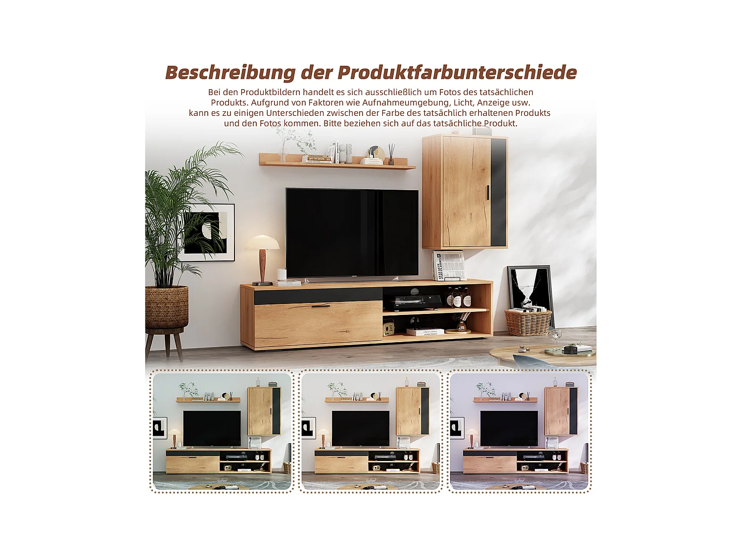 TV Wohnwand-set inkl.TV-Board Standregal und Wandregal TV Wohnzimmermöbel-Set 140*35*39cm Holzfarbe + Schwarz