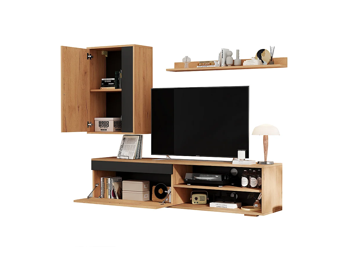 TV Wohnwand-set inkl.TV-Board Standregal und Wandregal TV Wohnzimmermöbel-Set 140*35*39cm Holzfarbe + Schwarz