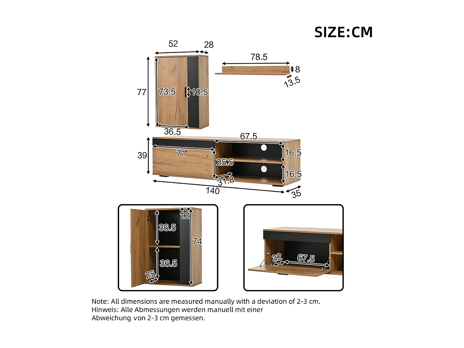 TV Wohnwand-set inkl.TV-Board Standregal und Wandregal TV Wohnzimmermöbel-Set 140*35*39cm Holzfarbe + Schwarz