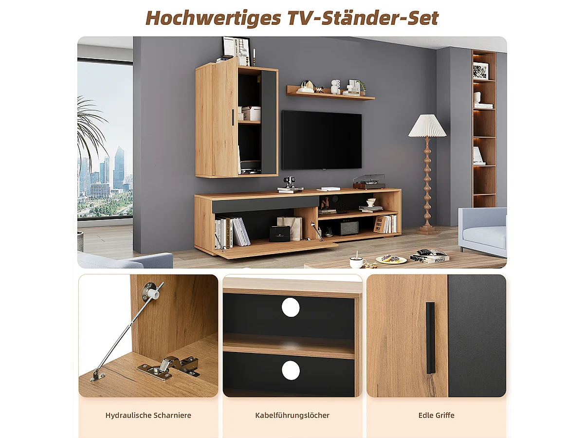 TV Wohnwand-set inkl.TV-Board Standregal und Wandregal TV Wohnzimmermöbel-Set 140*35*39cm Holzfarbe + Schwarz