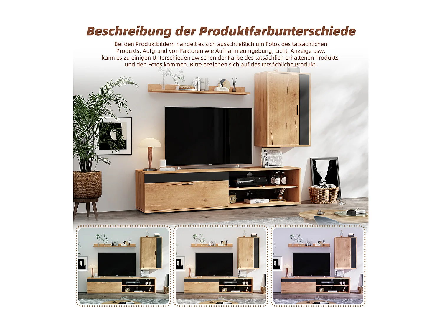 TV Wohnwand-set inkl.TV-Board Standregal und Wandregal TV Wohnzimmermöbel-Set 140*35*39cm Holzfarbe + Schwarz