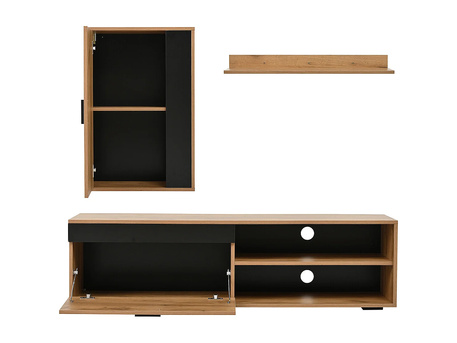 TV Wohnwand-set inkl.TV-Board Standregal und Wandregal TV Wohnzimmermöbel-Set 140*35*39cm Holzfarbe + Schwarz