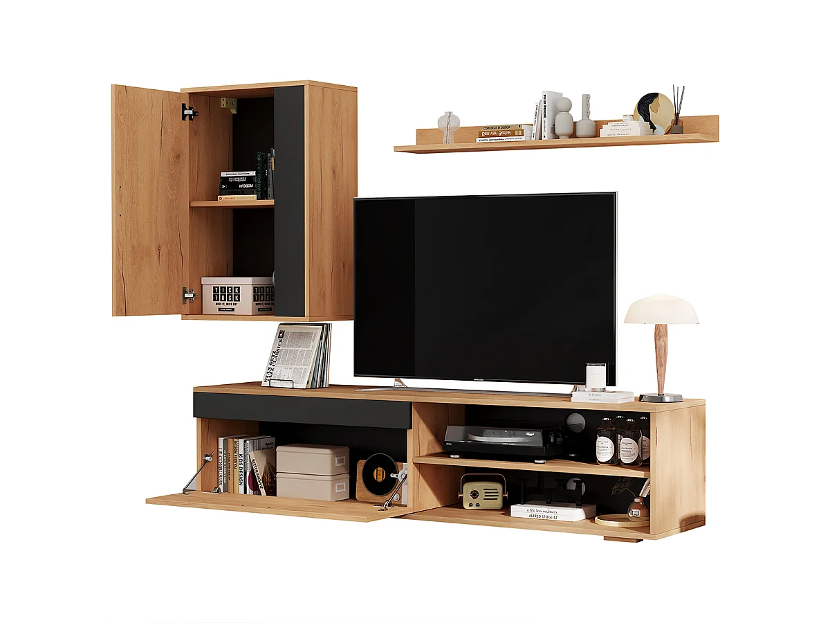 TV Wohnwand-set inkl.TV-Board Standregal und Wandregal TV Wohnzimmermöbel-Set 140*35*39cm Holzfarbe + Schwarz