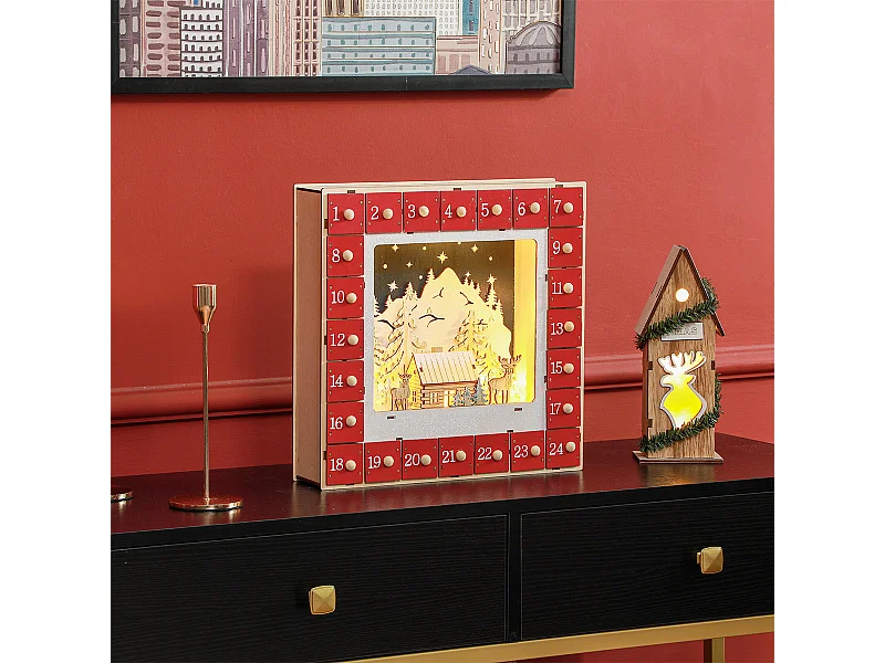Weihnachtskalender mit LED-Lichtern und 24 Schubladen Adventskalender Weihnachtsdekoration 34 x 7 x 34 cm Rot