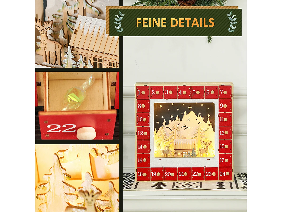 Weihnachtskalender mit LED-Lichtern und 24 Schubladen Adventskalender Weihnachtsdekoration 34 x 7 x 34 cm Rot