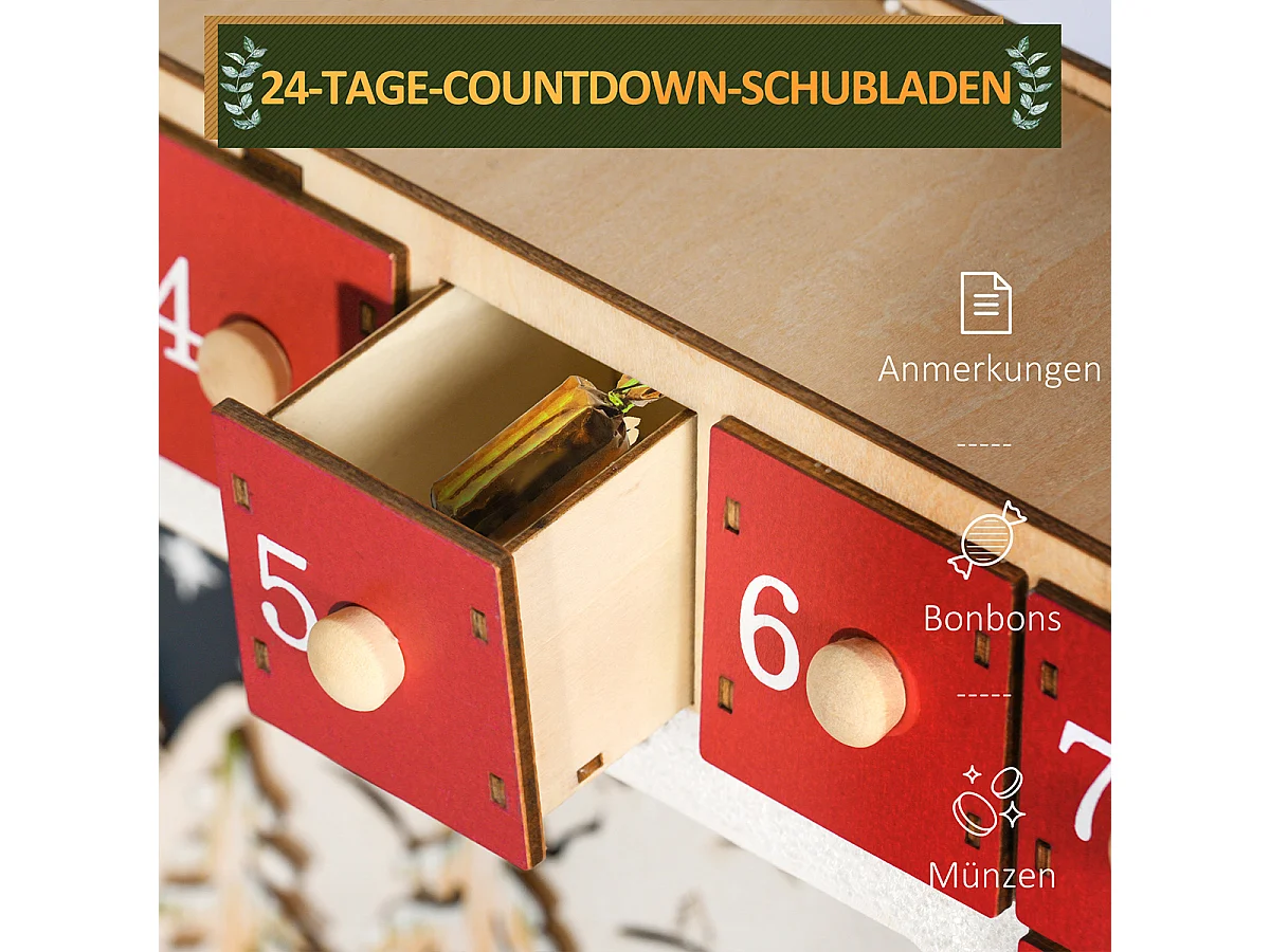 Weihnachtskalender mit LED-Lichtern und 24 Schubladen Adventskalender Weihnachtsdekoration 34 x 7 x 34 cm Rot