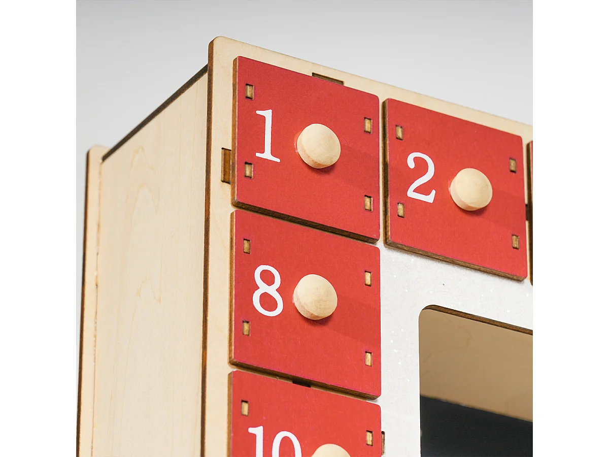 Weihnachtskalender mit LED-Lichtern und 24 Schubladen Adventskalender Weihnachtsdekoration 34 x 7 x 34 cm Rot