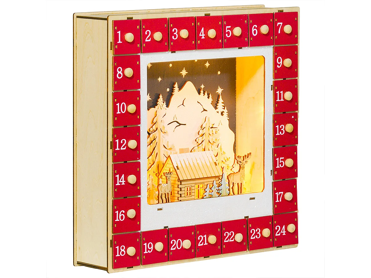 Weihnachtskalender mit LED-Lichtern und 24 Schubladen Adventskalender Weihnachtsdekoration 34 x 7 x 34 cm Rot