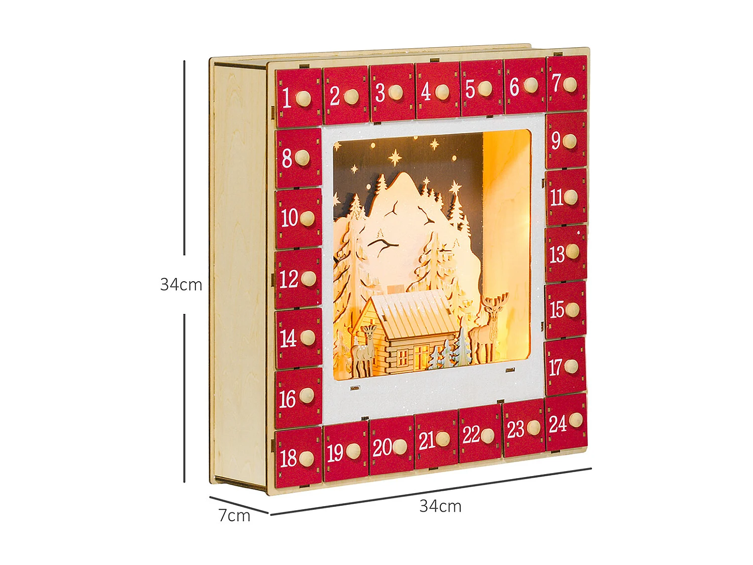 Weihnachtskalender mit LED-Lichtern und 24 Schubladen Adventskalender Weihnachtsdekoration 34 x 7 x 34 cm Rot