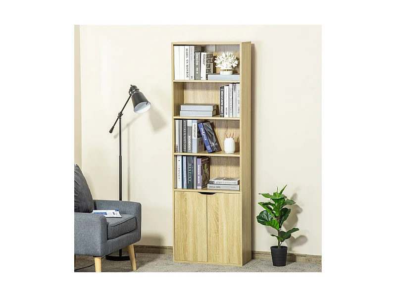 Bibliothèque étagère 180 cm armoire 2 portes KERRY effet bois clair