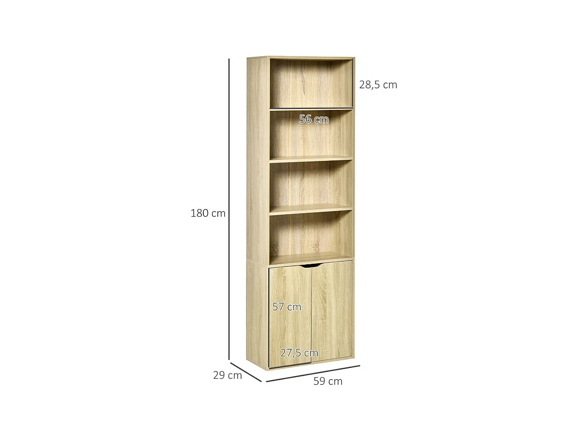 Bibliothèque étagère 180 cm armoire 2 portes KERRY effet bois clair