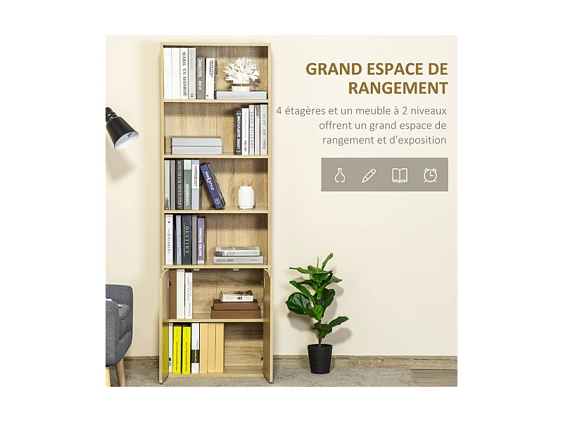 Bibliothèque étagère 180 cm armoire 2 portes KERRY effet bois clair