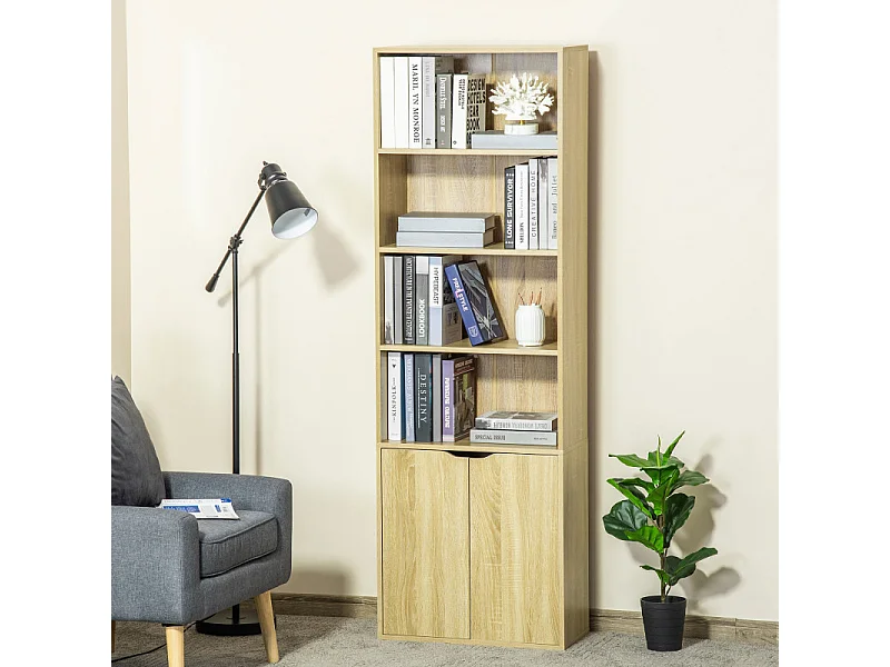 Bibliothèque étagère 180 cm armoire 2 portes KERRY effet bois clair