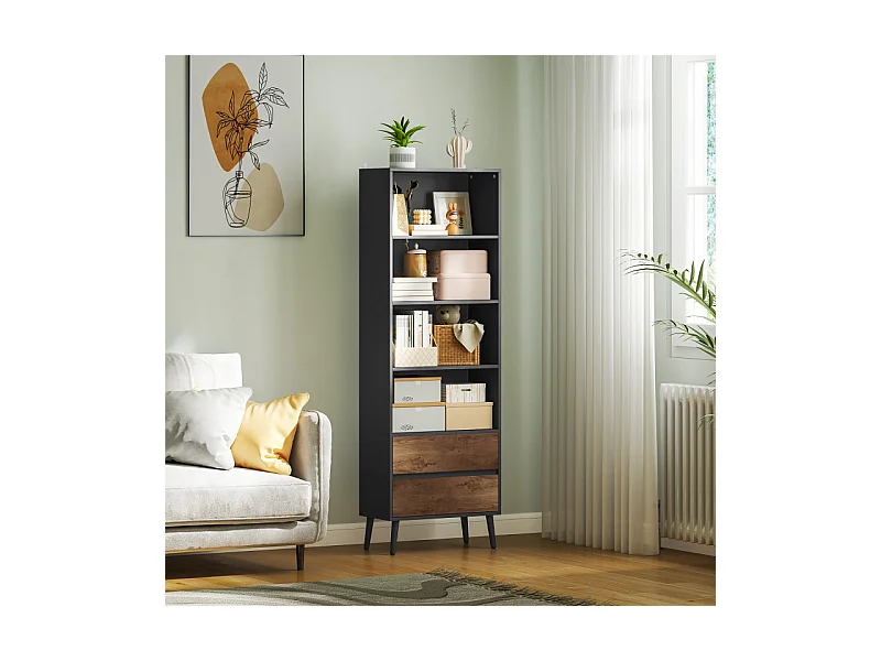 Bibliothèque 4 étagères 2 tiroirs CARBON gris charbon et effet bois