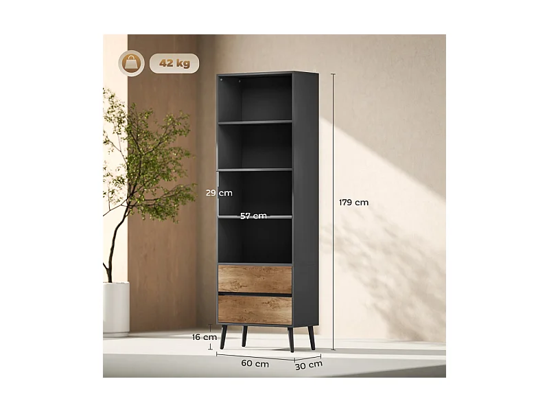 Bibliothèque 4 étagères 2 tiroirs CARBON gris charbon et effet bois