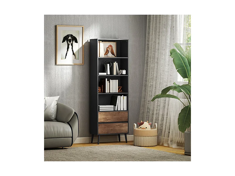 Bibliothèque 4 étagères 2 tiroirs CARBON gris charbon et effet bois