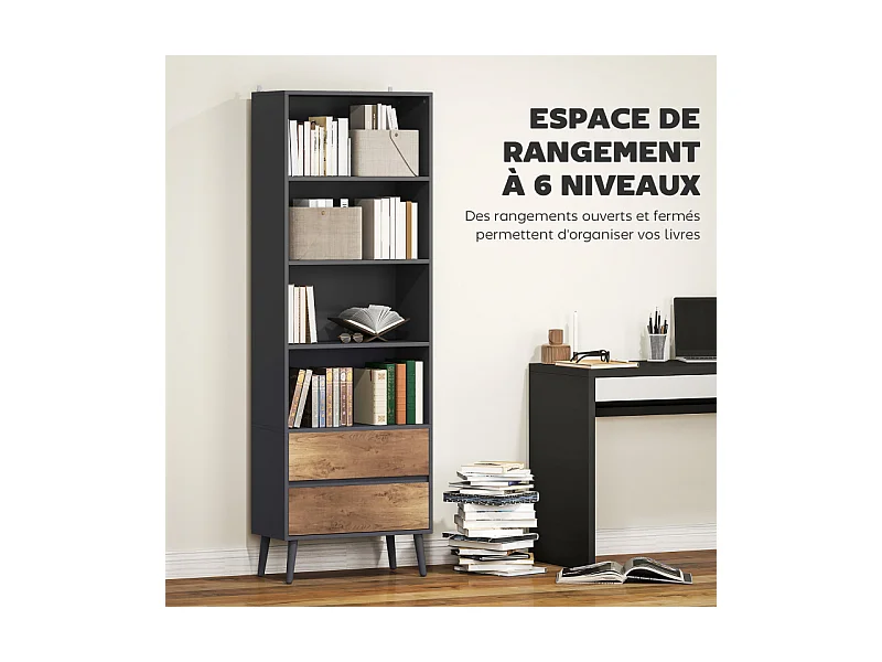 Bibliothèque 4 étagères 2 tiroirs CARBON gris charbon et effet bois