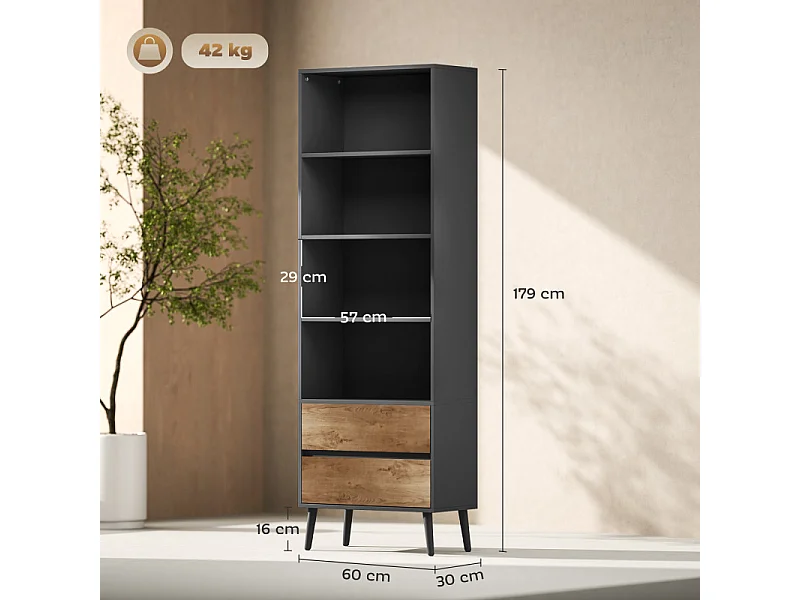 Bibliothèque 4 étagères 2 tiroirs CARBON gris charbon et effet bois