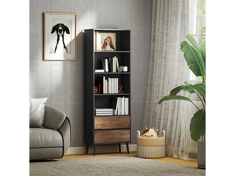 Bibliothèque 4 étagères 2 tiroirs CARBON gris charbon et effet bois