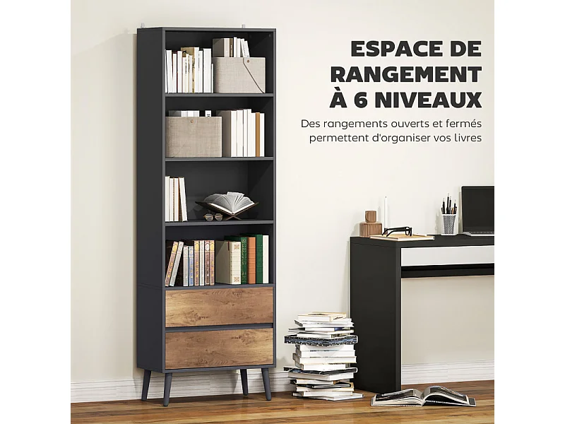 Bibliothèque 4 étagères 2 tiroirs CARBON gris charbon et effet bois