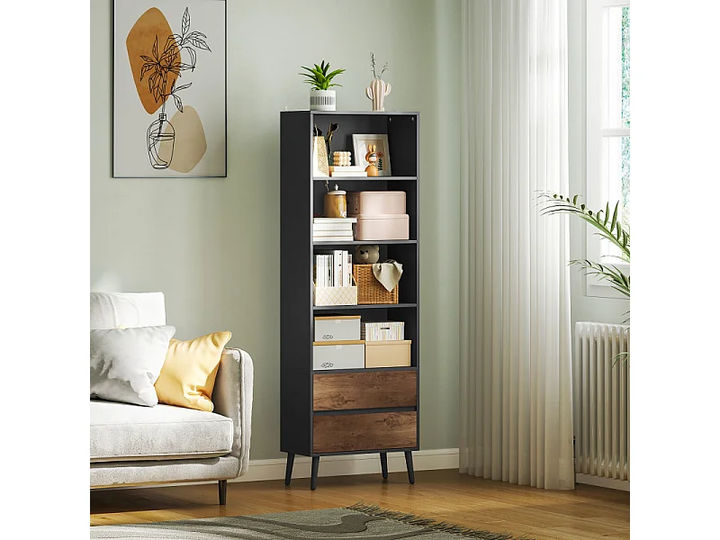 Bibliothèque 4 étagères 2 tiroirs CARBON gris charbon et effet bois