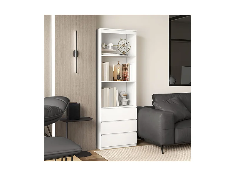 Bibliothèque 3 étagères 3 tiroirs TALLY effet bois blanc