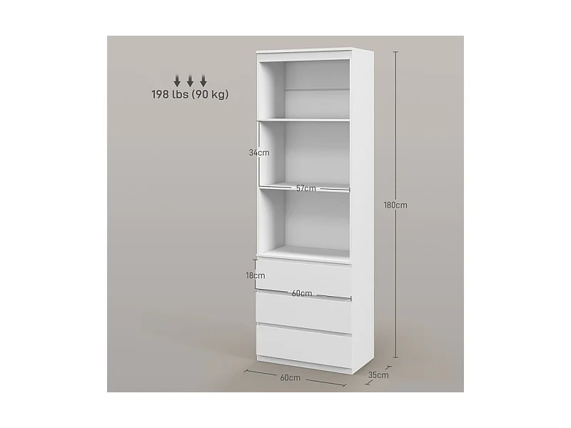 Bibliothèque 3 étagères 3 tiroirs TALLY effet bois blanc