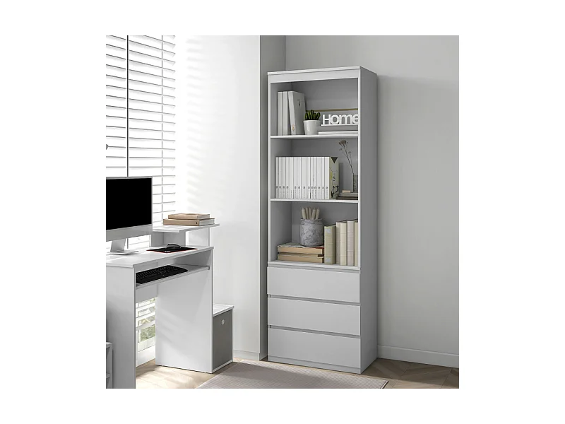 Bibliothèque 3 étagères 3 tiroirs TALLY effet bois blanc