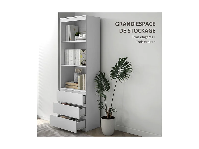 Bibliothèque 3 étagères 3 tiroirs TALLY effet bois blanc