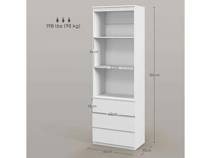 Bibliothèque 3 étagères 3 tiroirs TALLY effet bois blanc