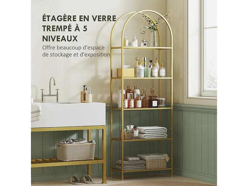 Etagère arc métal et verre ZEUS dorée