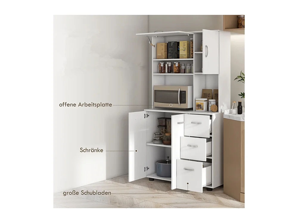 Küchenschrank, Buffet, 3 Schubladen, 3 Regale, viel Stauraum, 89x39,5x168cm, Weiß