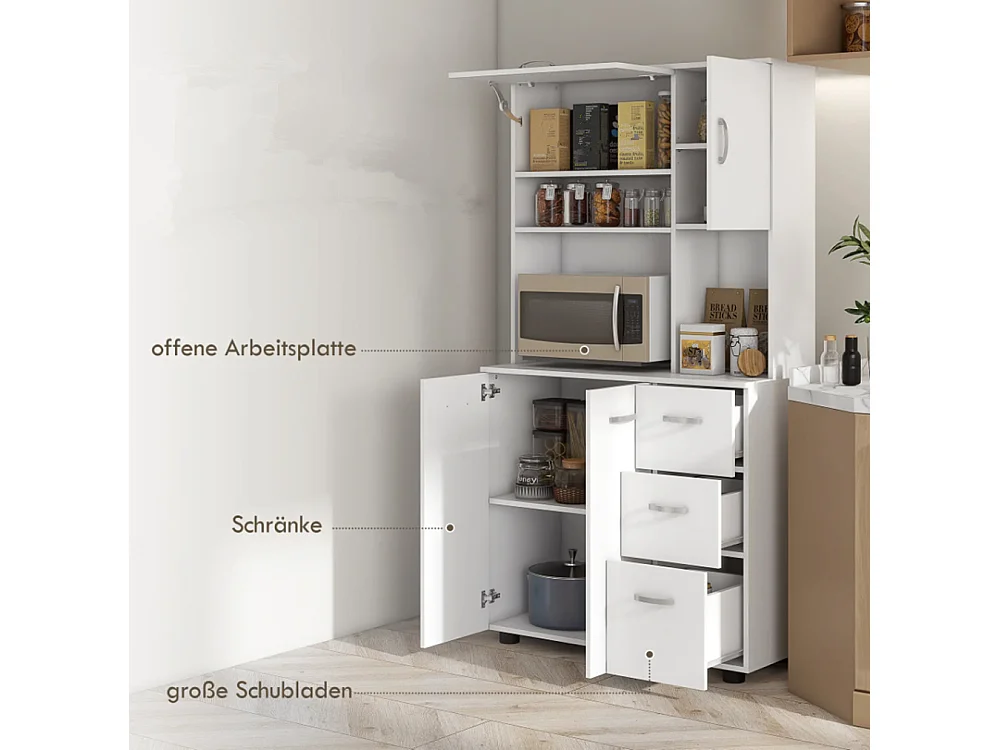 Küchenschrank, Buffet, 3 Schubladen, 3 Regale, viel Stauraum, 89x39,5x168cm, Weiß
