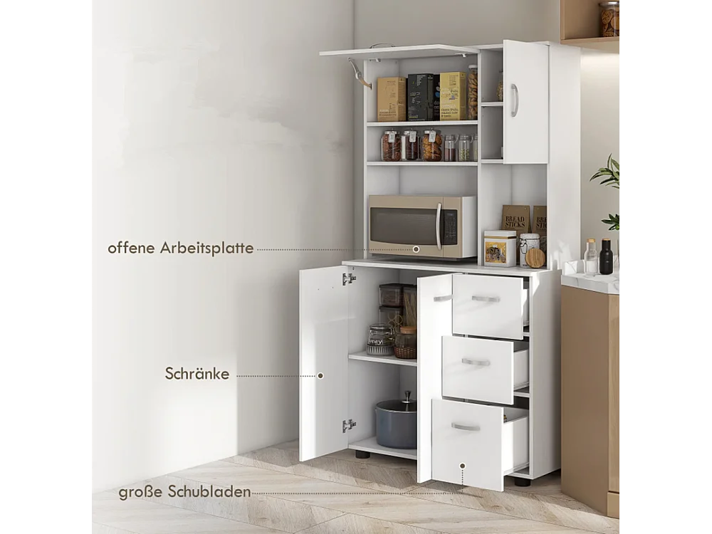 Küchenschrank, Buffet, 3 Schubladen, 3 Regale, viel Stauraum, 89x39,5x168cm, Weiß