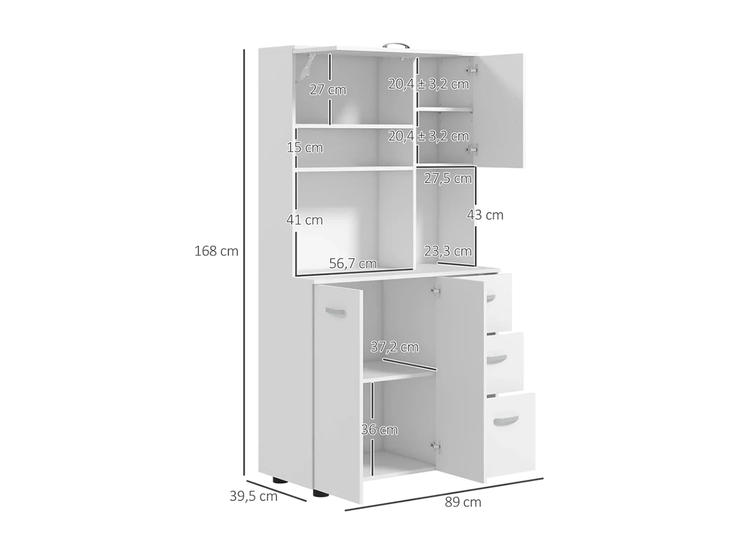 Küchenschrank, Buffet, 3 Schubladen, 3 Regale, viel Stauraum, 89x39,5x168cm, Weiß
