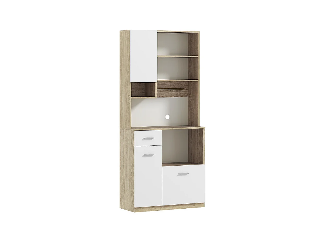 Buffet haut de cuisine multi-rangement KOLINA effet bois et blanc