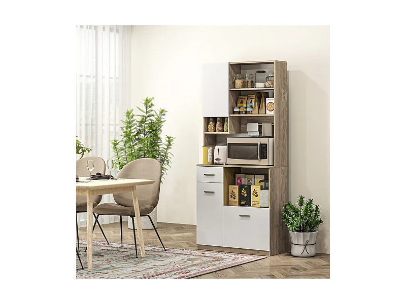 Buffet haut de cuisine multi-rangement KOLINA effet bois et blanc