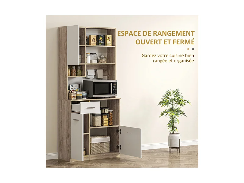 Buffet haut de cuisine multi-rangement KOLINA effet bois et blanc