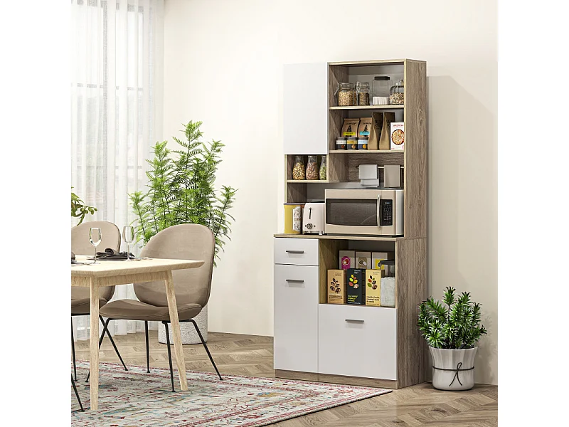 Buffet haut de cuisine multi-rangement KOLINA effet bois et blanc