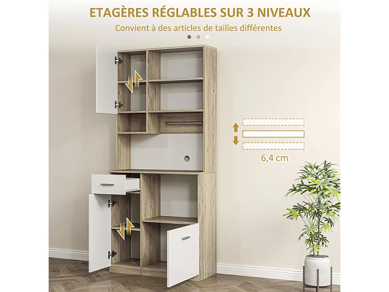 Buffet haut de cuisine multi-rangement KOLINA effet bois et blanc