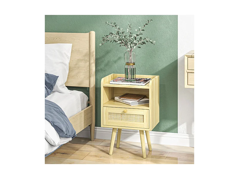 Lot de 2 tables de nuit style bohème cannage YARO effet bois clair