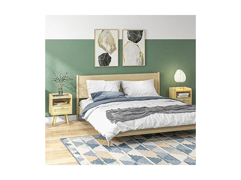 Lot de 2 tables de nuit style bohème cannage YARO effet bois clair