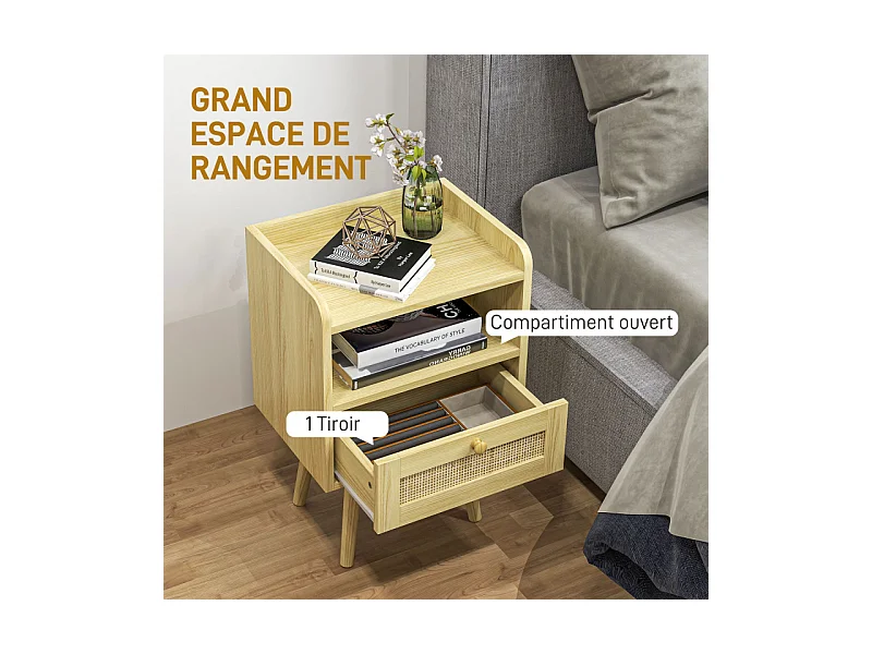 Lot de 2 tables de nuit style bohème cannage YARO effet bois clair
