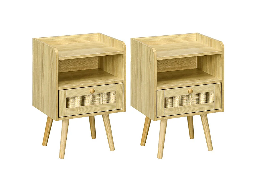 Lot de 2 tables de nuit style bohème cannage YARO effet bois clair