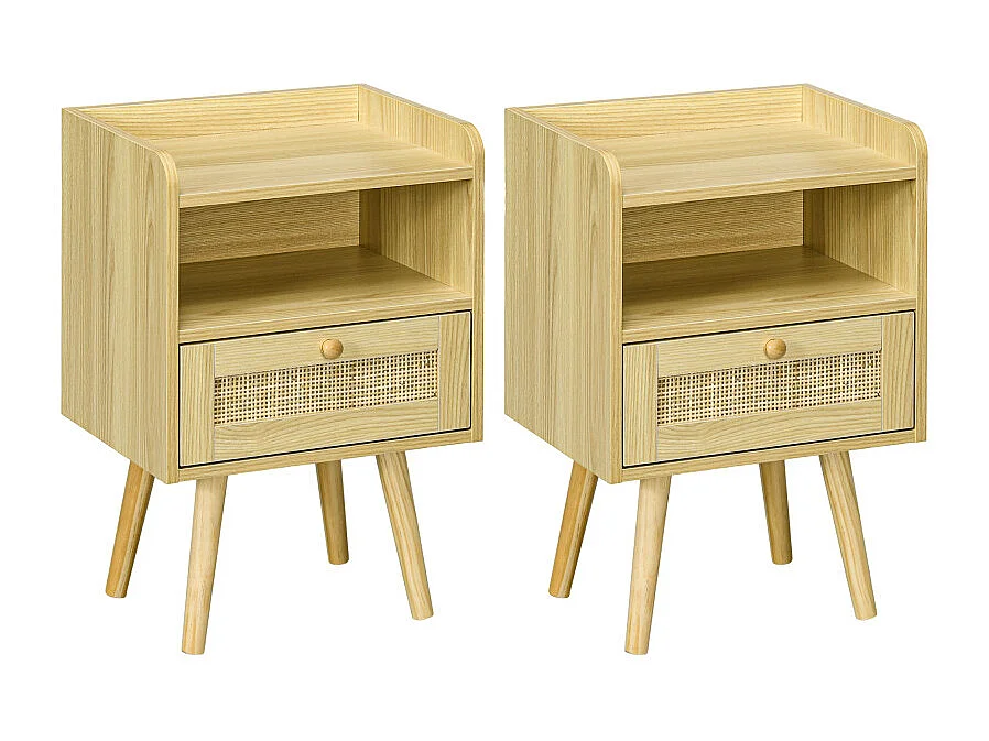 Lot de 2 tables de nuit style bohème cannage YARO effet bois clair