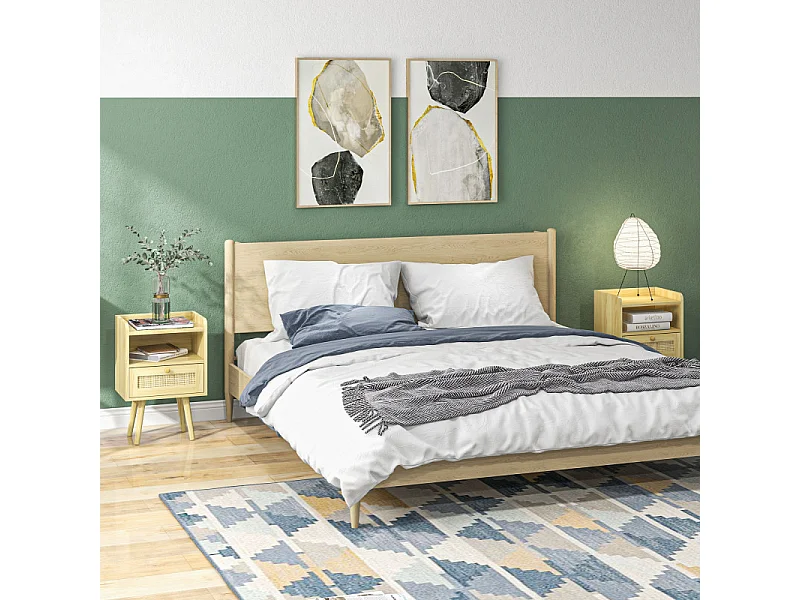 Lot de 2 tables de nuit style bohème cannage YARO effet bois clair