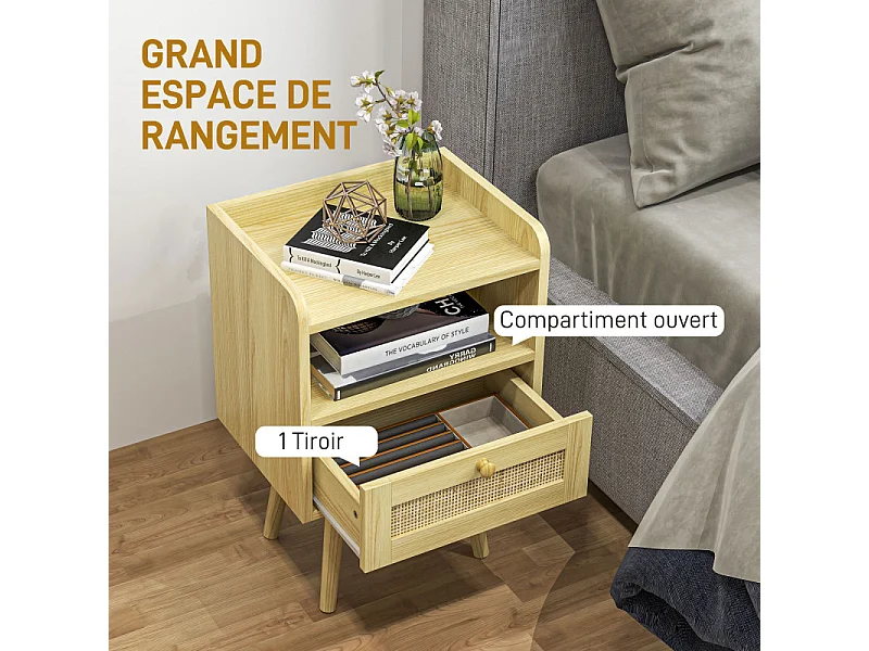 Lot de 2 tables de nuit style bohème cannage YARO effet bois clair