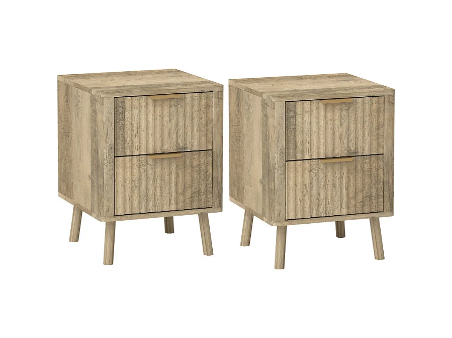 Lot de 2 chevets 2 tiroirs cannelés NORIA effet bois de chêne